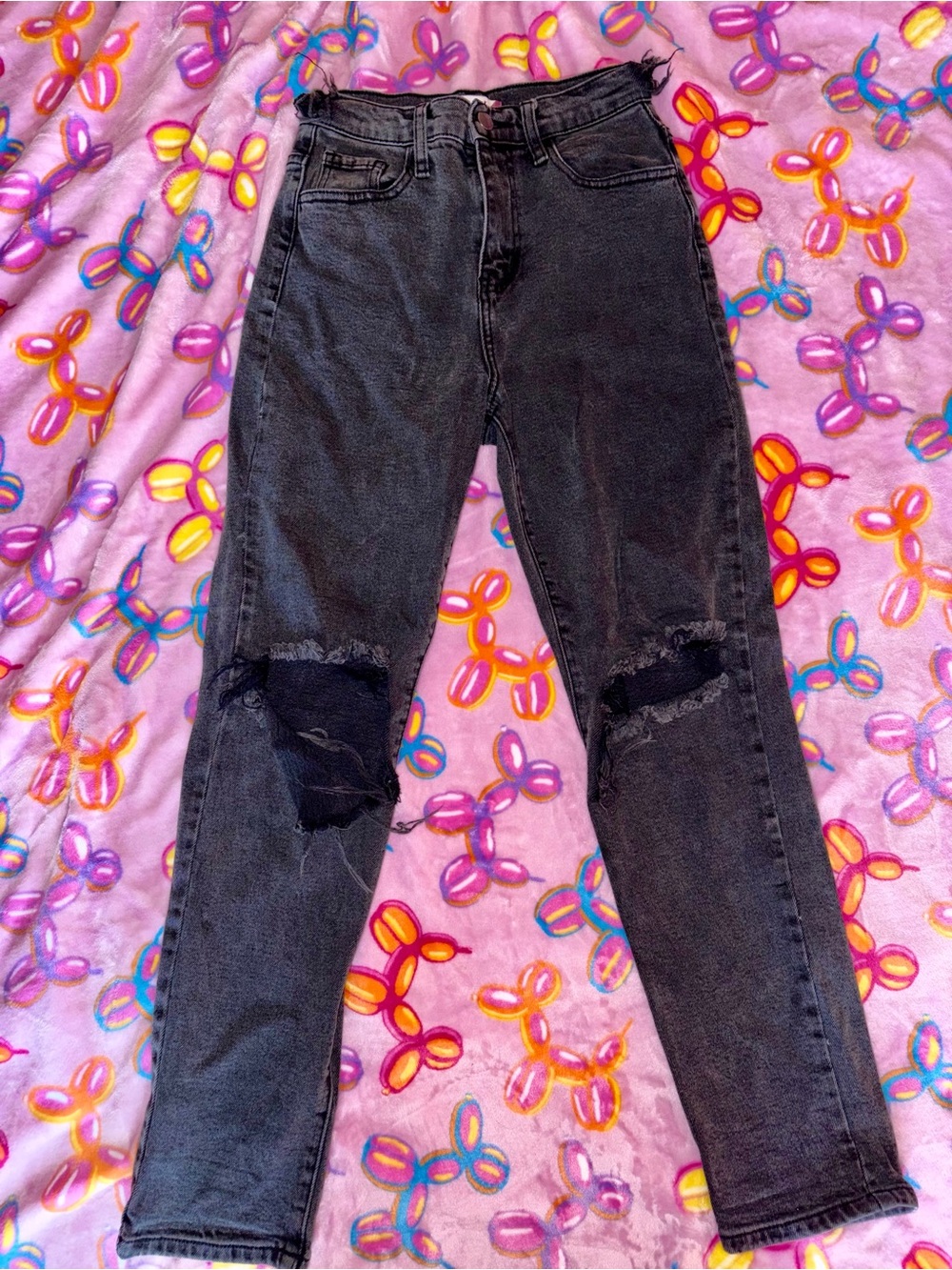 High-Rise Distressed Straight-Leg Jeans in Washed Black